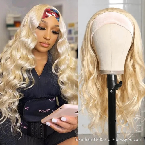 Headband 613 Blonde Straight Curly Body Wave Wig With Attached Scarf Wig Bodywave Full Machine Human Hair Wigs Brazilian 150%